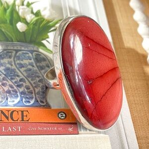 925 Sterling Silver Ring with Natural XXL Red Jasper Ring, US 10 or adjustable